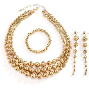 Gold-plated Beaded Jewelry Set Chunky Multi Strands Choker Necklace Bracelet Ear